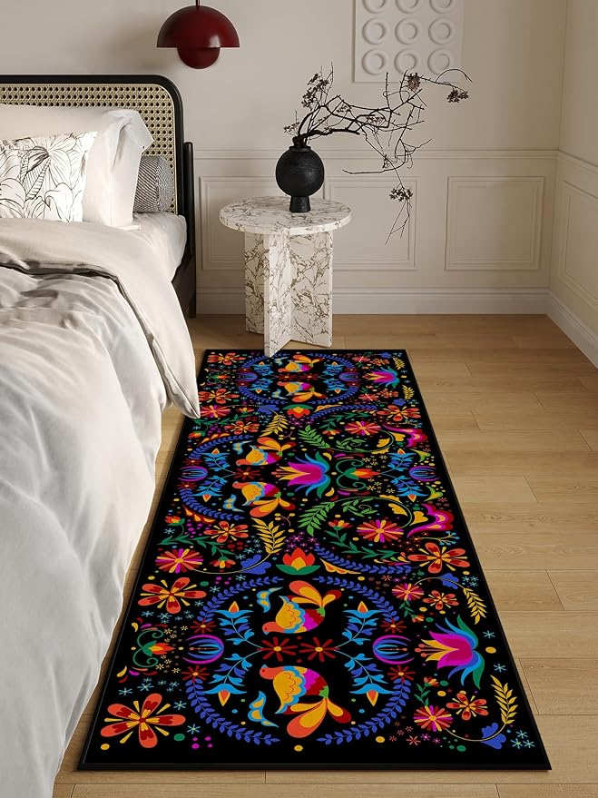 Mexican Floral Runner Rugs for Hallway, Mexican Talavera-Themed Kitchen Runner 2'x'6 Non-Slip Black Rug Carpet for Hallways Kitchen Laundry Bedroom Bathroom Machine Washable