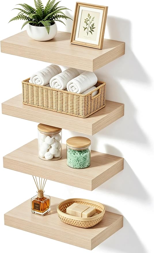 Oak Floating Shelves for Wall, Set of 4 Rustic Wood Shelves Over Toilet for Bathroom, Bedroom, Kitchen & Living Room Decor Display, for Plants, Towels & Books, 12"x7"x1.5"