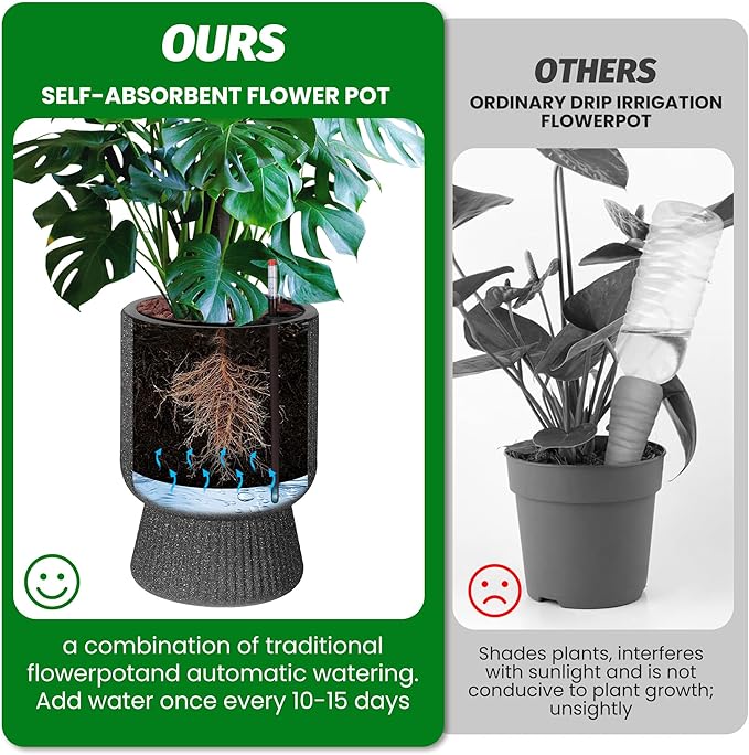 14.2" Tall Planters Set of 2, Plant Pots, Self Watering Pots for Indoor Plants, Flower Pots With Built-In Drainage and a Water Level Monitor, for Patio, Porch, Living Room, or Office, Marble Black