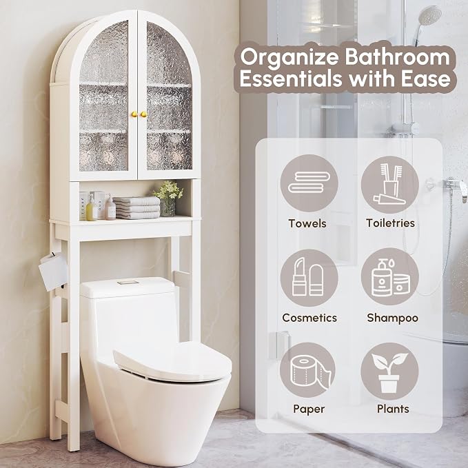 HMstone Over The Toilet Storage Cabinet, Arched Bathroom Organizer and Storage with Acrylic Doors and Adjustable Shelf, Space-Saving Freestanding Bathroom Modern Storage Cabinet Over Toilet, White