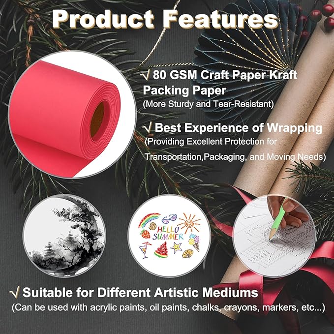 PATIKIL Wrapping Paper, 35"x2400"(200') Bulletin Board Paper Roll Kraft Paper Roll Construction 80GSM for Shipping Packing Gift Wrapping Craft Flower Bouquet Christmas, Red