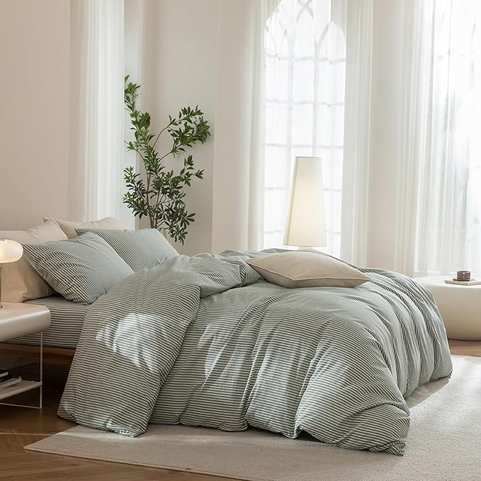 JIYUAN 100% Washed Cotton Striped Duvet Cover Set 3 Pieces Queen, 1 Duvet Cover and 2 Pillowcases(Comforter Not Included),Linen Like Bedding Set Comfy and Breathable,Pinstripes-Heathered Green White