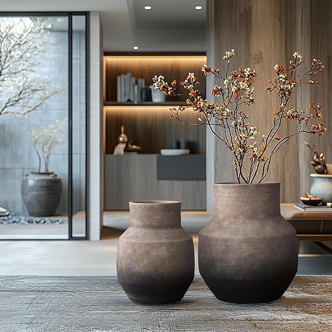 LuxenHome Rustic Ceramic Flower Vase,Farmhouse Vintage Pottery for Shelf Decor Room Decor,Brown Ombre Terracotta Vase,11'' Round Decorative Vases Home Decor Living Room