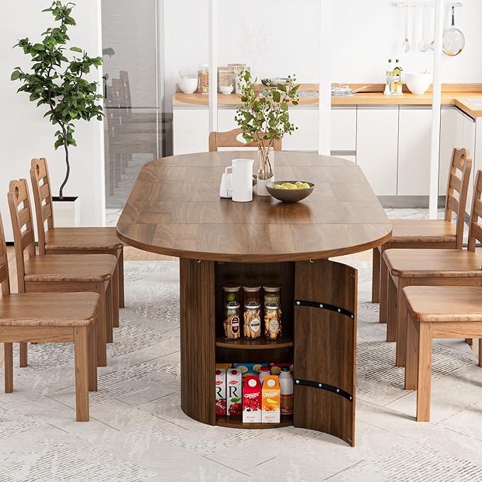 43-95 inch Long Round Extendable Dining Table for 4-10, Space Saving Oval Large Dinner Kitchen Table with 3 Leaf, 2 Storage, Fluted Mid Century Modern Dining Room Table for Living Room, Brown