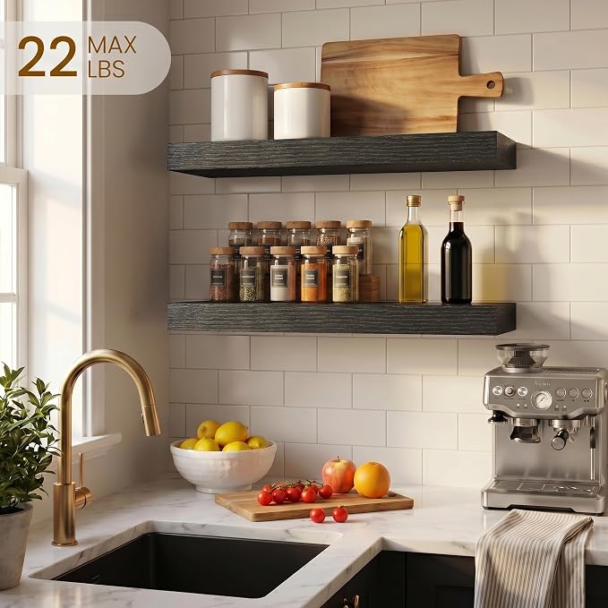 Dreamland Black Floating Shelves, Wall Mounted Shelves for Storage and Home Decor, Rustic Wood Shelves for Bathroom, Living Room, Bedroom and Kitchen, 16" x 6.7" Set of 2