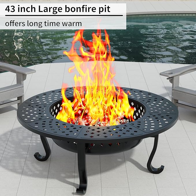ZIENLIFE 43 Inch Fire Pit with 2 Grill, Outdoor Wood Burning Firepit with Lid, Metal Round Table for Backyard Patio Garden Picnic Camping Bonfire