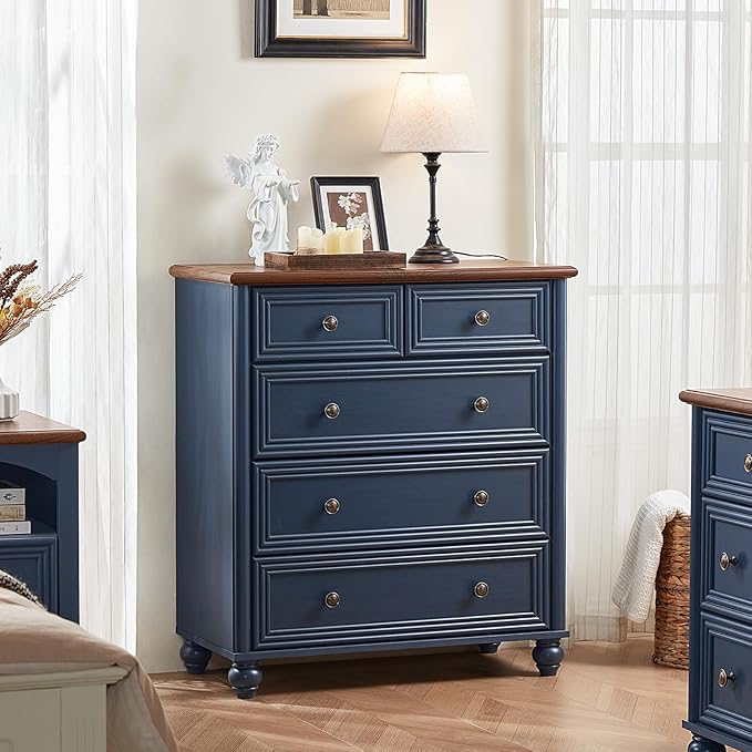 Farmhouse 5 Drawer Dresser, Blue Rustic Chest of Drawers, 35.5" Tall Small Dressers for Bedroom with Roman Column and Metal Handles,Wood Storage Organizer for Living Room, Hallway, Closet