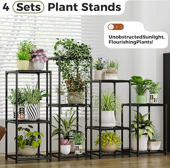 Bamworld Plant Stands Indoor 4 Sets Plant Shelves Outdoor Metal Plant Holder for Multiple Plants Flower Stands for Living Room Balcony Garden Patio Lawn Window Black