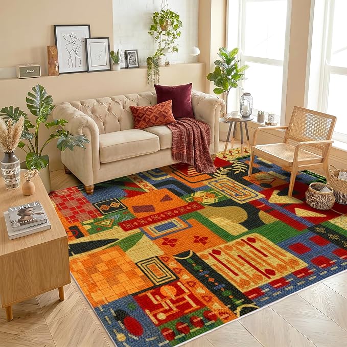 Washable 5x7 Colorful Abstract Area Rug, Boho Patchwork Rugs for Living Room, Multi-Color Modern Memphis-Inspired Throw Carpet, Non-Slip Low Pile Rug for Bedroom Dining Room Office Home Hardwood Floor