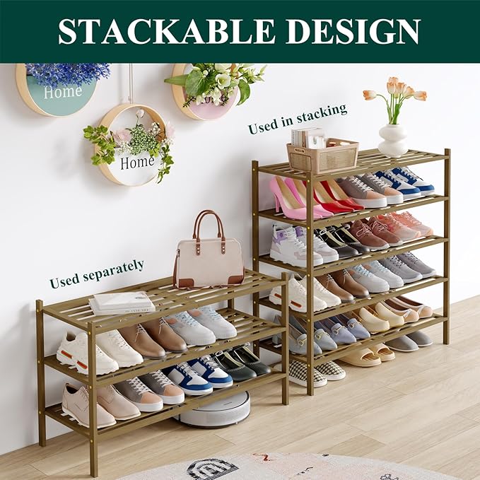 Smiry Long Bamboo Shoe Rack 4-Tier, Stackable Wooden Shoe Organizer for Entryway & Closet, Free Standing Wood Shoe Storage Shelf for Front Door & Small Spaces, Walnut