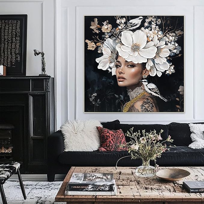 YPGEAME Vintage Wall Art, 3D Oil Texture Paintings Wall Decor, Floral Woman Wall Art, Room Aesthetics Decorative Modern Floral Art Women for Living Room, Bedroom, Office, 40x40 in