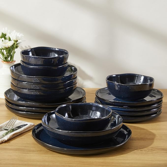 Pokini Plates and Bowls Sets, 16 Pieces Dinnerware Set for 4 with Pasta Bowls, Handmade Dishes Set, Chip Resistant Dishware Sets, Microwave Safe Dinner Set, Designed for Interactive Meals, Starry Blue
