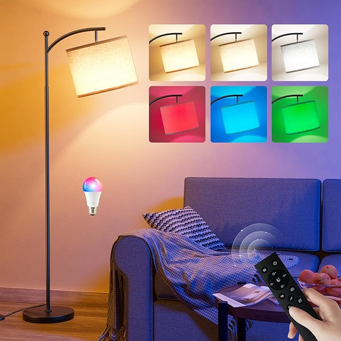 Ambimall Floor Lamp with Smart Light Bulb, RGB + Color Temperatures Bright Dimmable (Beige Shade & Black Pole)