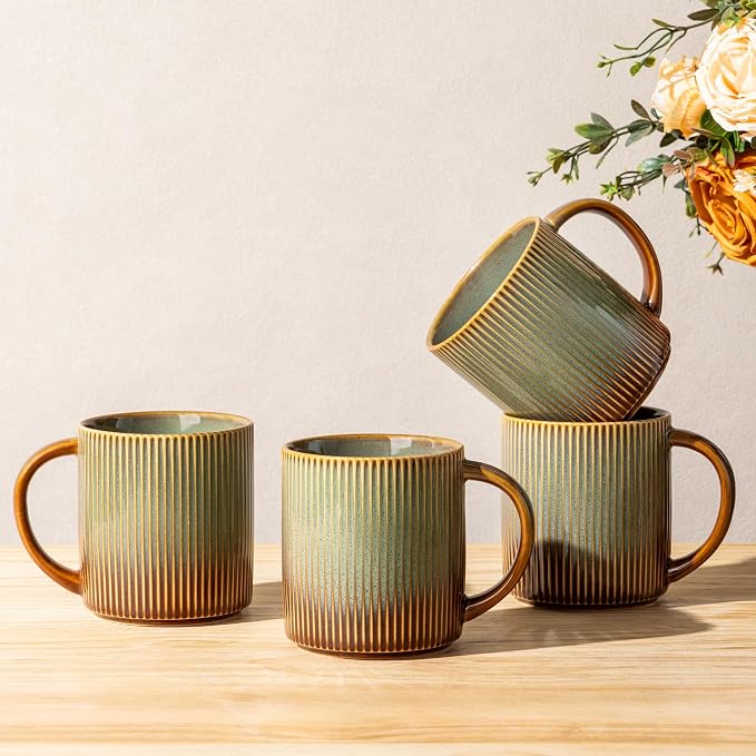 theterra Ceramic Coffee Mugs Set of 4, 14.2oz Handmade Coffee Cups with Handle for Latte, Tea, Milk, Beer, Hot Cocoa, Sage Umber