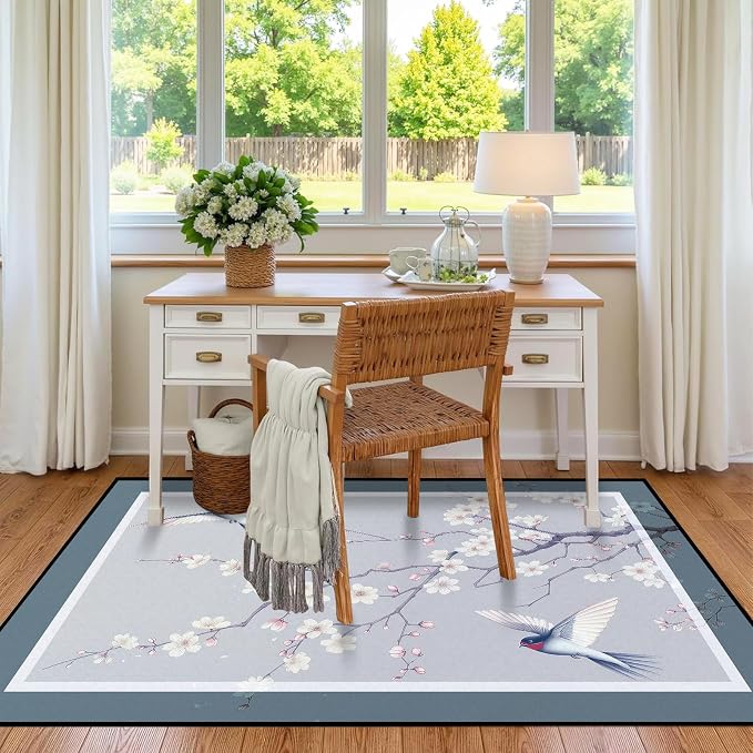 Cherry Blossom Area Rug 3D Swallow Sakura Floral Rugs for Entryway Bedroom Living Room Kitchen Home Decor Soft Non Slip Indoor Carpet Washable Low Pile Floor Mat,3'x5'