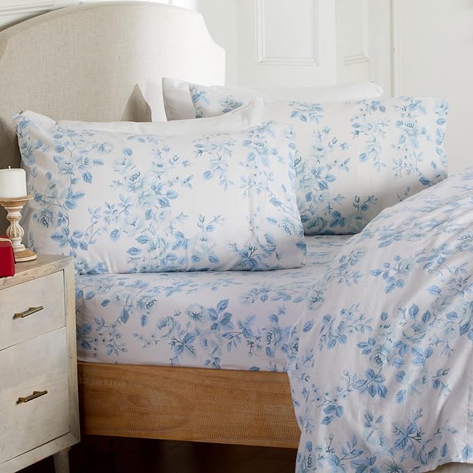 Market & Place 100% Cotton King Flannel Sheet Set | 4 Piece Deep Pocket Cozy Winter Floral Bed Sheets | Double Brushed for Extra Softness & Comfort | Alpine Collection (King, Vintage Floral)