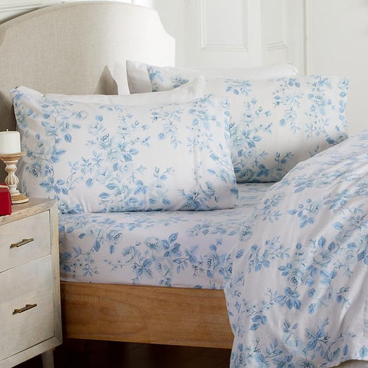 Market & Place 100% Cotton Queen Flannel Sheet Set | 4 Piece Deep Pocket Cozy Winter Floral Bed Sheets | Double Brushed for Extra Softness & Comfort | Alpine Collection (Queen, Vintage Floral)