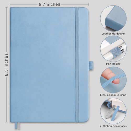 RETTACY Lined Journal Notebook - A5 Medium Size (5.7'' x 8.3'') | 192 Numbered Pages, Leather Hardcover, Light Blue