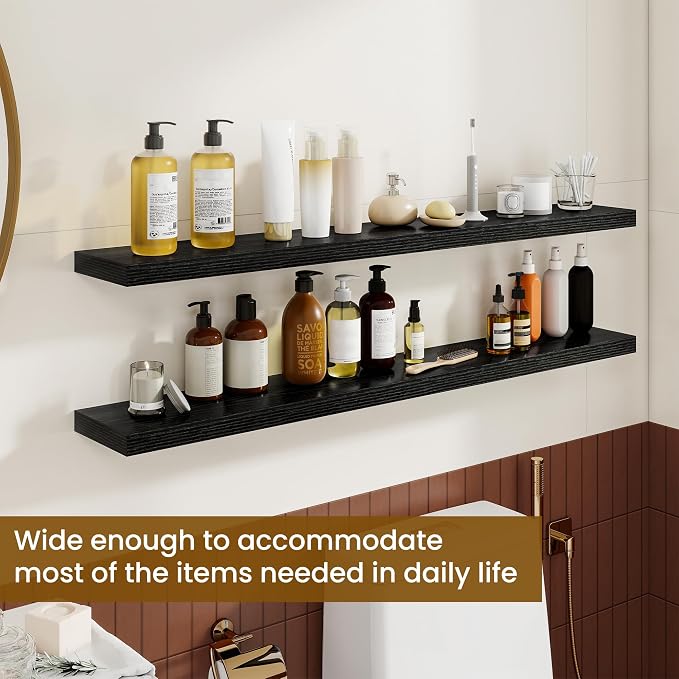 Dreamland 48Inch Floating Shelves for Wall, Rustic Wooden Black Floating Shelves for Living Room, Kitchen, Farmhouse, Deep Wall Mounted Book Shelf, Wood Storage Display Shelf for Home Decor, Set of 2