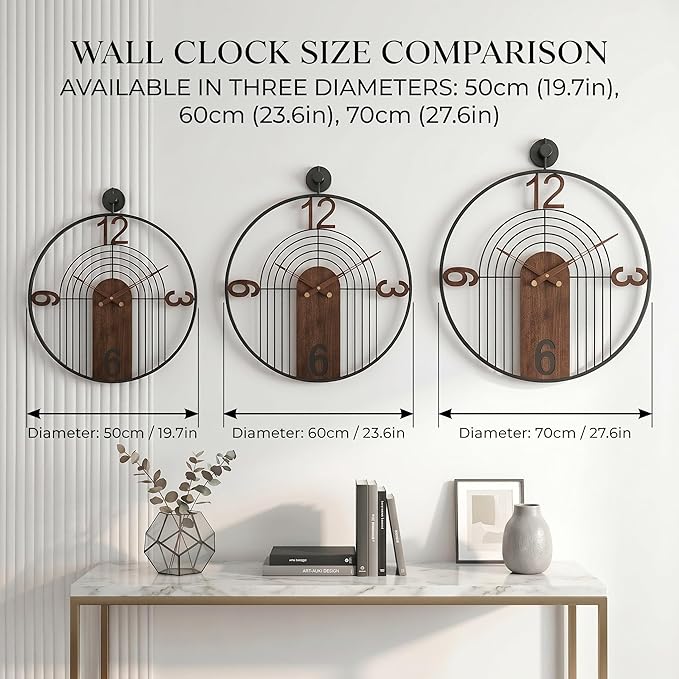 Large Modern Walnut Dial Wall Clock, Wood Metal Frame Silent Non Ticking Decoration Wall Clocks for Living Room, Bedroom, Kitchen, Study, Handmade Home Decor Gift Idea, 26.4 Inch