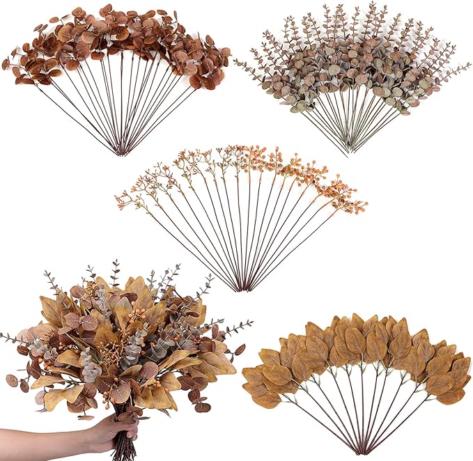 YXZZWL 110 Pcs 5 Kinds Mixed Artificial Eucalyptus Stems and Faux Berry,Autumn Fake Eucalyptus Leaves Stems Bulk Branches for DIY Bouquets Floral Arrangement Wedding Home Fall Decorations (Orange)