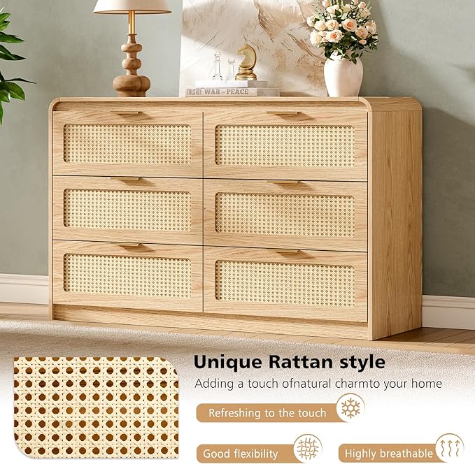 Mid Century Modern Dresser,Rattan 6 Drawers Dresser for Bedroom, 47" Wide Wood Dressers & Chests of Drawers/Curved Profile Design, Natural Texture for Bedroom, Living Room, Natural