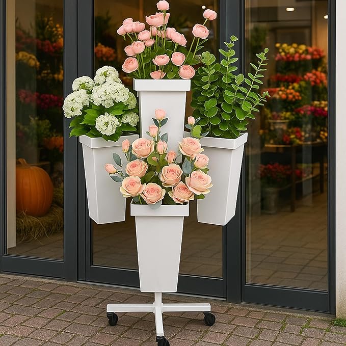 Flower Display Stand with Buckets - Flower Cart with Wheels for Bouquet Shop, Metal Flower Rack Display Stand for Wedding Garden, Party, Events (White, Square buckets)