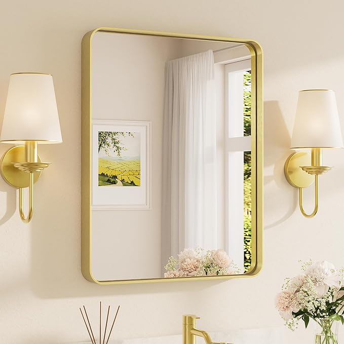TETOTE Brushed Gold Bathroom Mirror, 24 x 30 Inch Metal Framed Mirror, Brushed Brass Rectangle Wall Mounted Golden Vanity Mirror (Horizontal/Vertical)
