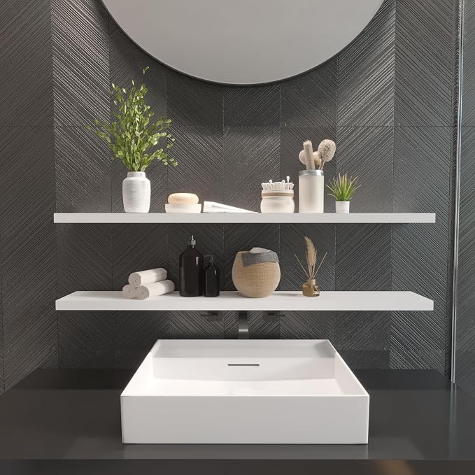 SAUMONIERES 48 Inch Floating Wall Shelves for Bedroom Bathroom Wall Mounted Solid Wood Shelf Storage Decor Set of 2, White Floating Shelves