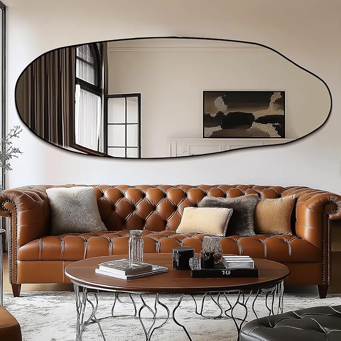 Mirrorons Irregular Wall Mirror 63×24, Black Asymmetrical Bathroom Mirror, Oval Aesthetic Mirror, Full Length Mirrors, Shatterproof Black Bathroom Mirrors