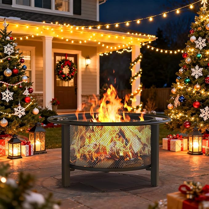ONBRILL 2-in-1 32 Inch Fire Pit with Cooking Grill, Outdoor Wood Burning Firepit with Poker for BBQ, Bonfire, Picnic, Party, Round Metal Fire Pit for Outside, Backyard, Patio
