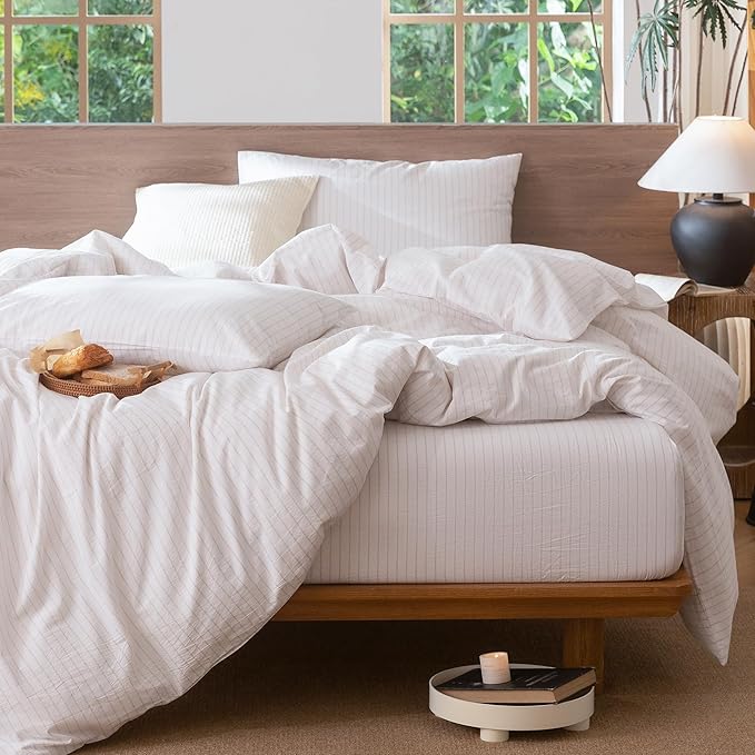 MooMee Striped Duvet Cover Set 100% Washed Cotton Linen Like Textured Breathable Durable Soft Comfy (White Heathered Greyish Pink Wide Stripes, Twin 68"x90")