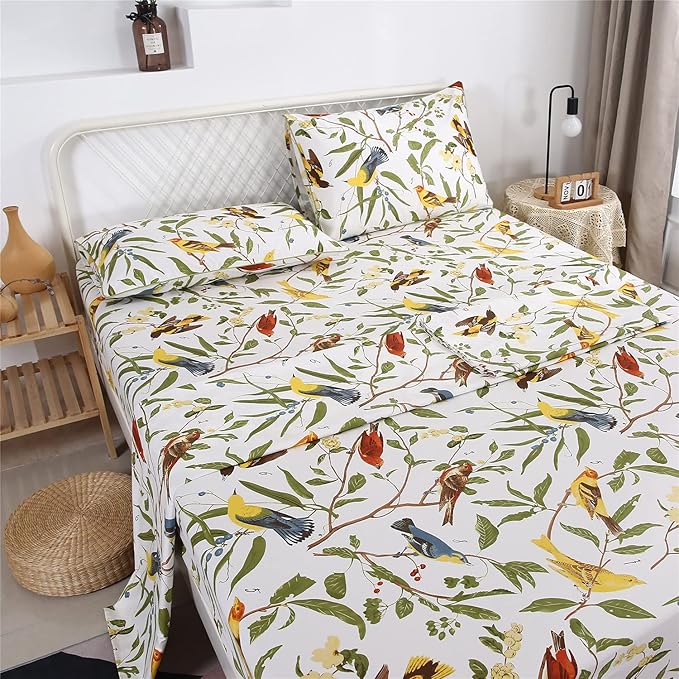 RYNGHIPY Farmhouse Flowers Print Bed Sheet Collection Set Botanical Floral Sheets with Pillowcasess (White Green,Queen Size)