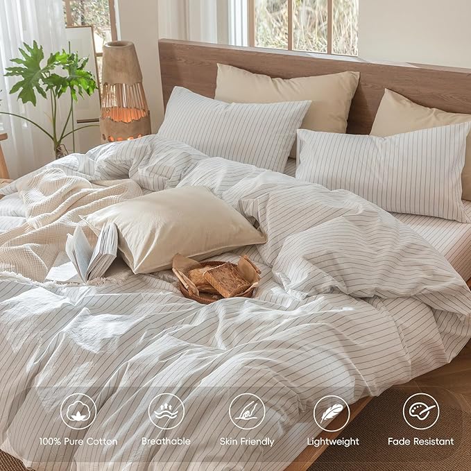 MooMee Striped Duvet Cover Set 100% Washed Cotton Linen Like Textured Breathable Durable Soft Comfy (White Cornflower Blue Wide Stripes, Full 80"x90")