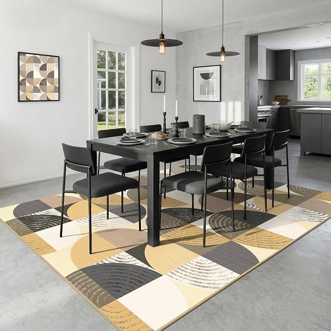 Merelax 6x9 Geometric Rugs for Living Room - Washable Non-Slip Large Bedroom Rug, Indoor Floor Carpet Low Pile Soft Area Rug for Dining Room, Mudroom, Modern Aesthetic Geometric Decor, Light Tan