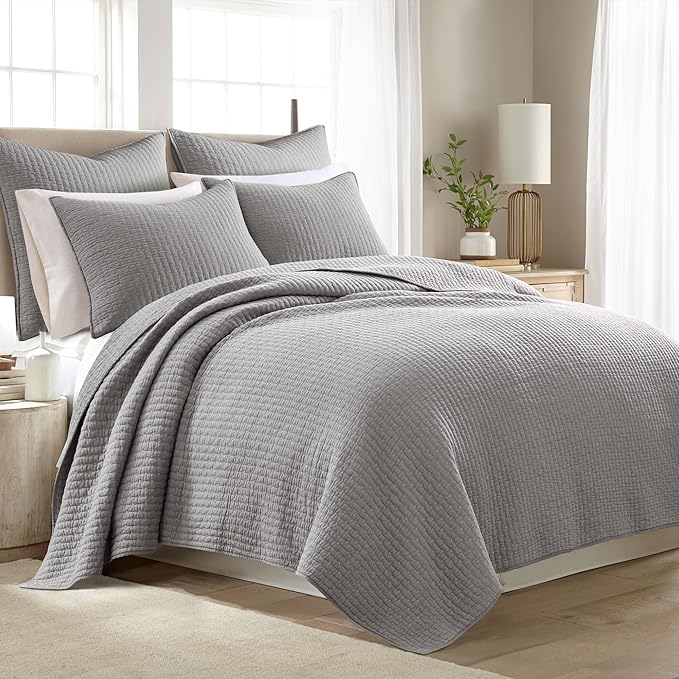 Levtex Home Cross Stitch Reversible Full/Queen Quilt Set (88x92in) and 2 Pillow Shams (26x20in) - Stitch Texture - Light Grey - Cotton Full/Queen Size Quilt Bedding Set - Lightweight, Soft, Pre-Washed