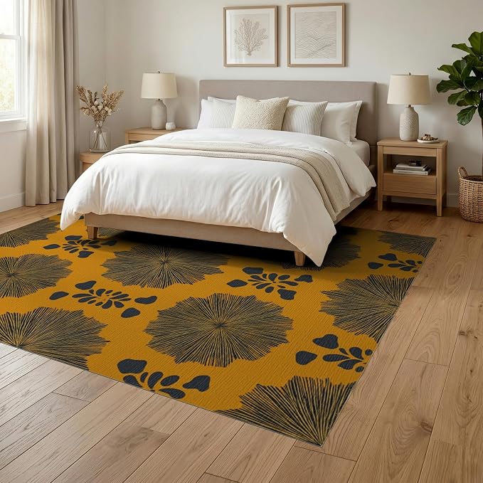 6'x9' Washable Abstract Abstract Area Rug, Navy Non-Shedding Pet Friendly Room Rug for Queen Size Bedroom, Under Bed, Master Suite, Foldable Easy Care Carpet | Ref:2229843