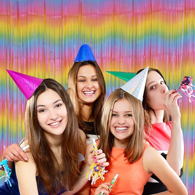 Pastel Rainbow Foil Fringe Curtains, 2Pcs 3.2x8.2ft Metallic Tinsel Foil Streamers Colourful Photo Booths Props Backdrop for Easter Princess Birthday Wedding Engagement Party Decorations