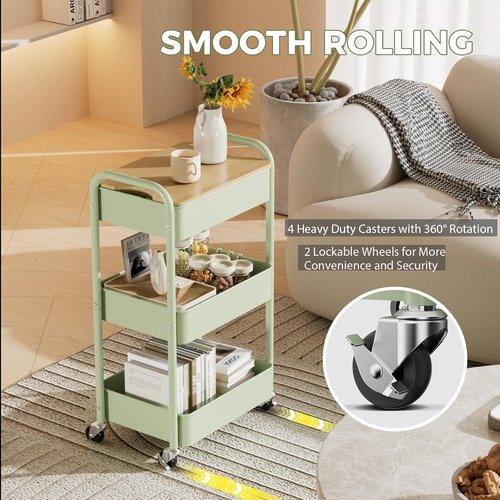 Skiennix 3-Tier Rolling Cart - Sturdy Metal Utility Organizer with Locking Wheels & Hooks | Versatile for Office, Kitchen, Bathroom