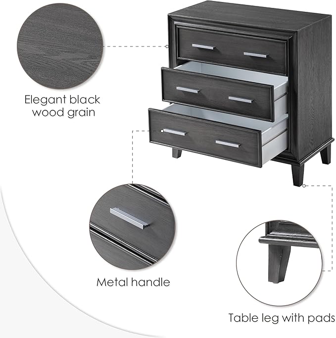 COZAYH Modern 3 Drawer Nightstand, Wood Dresser with Metal Handles, Vintage Accent Bedside Table Storage Chest, Mid-Century Cabinet, Sturdy Bedroom Organizer, Dark Finish, Fully Assembled, Black