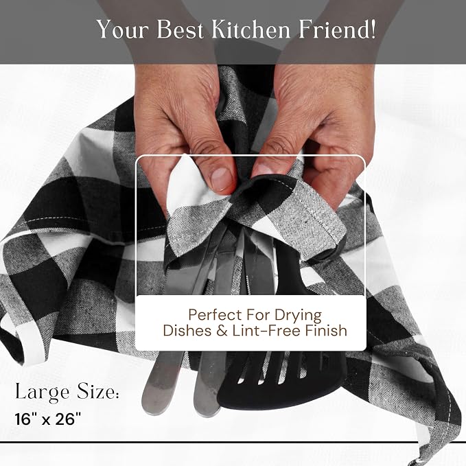 Black Buffalo Plaid Kitchen Dish Towels, 4 Pack, 100% Cotton, 16x26 Inches, Super Absorbent, Quick Dry, Soft, Durable, Dish Drying & Cleaning Towels with Hanging Loop, Black & White