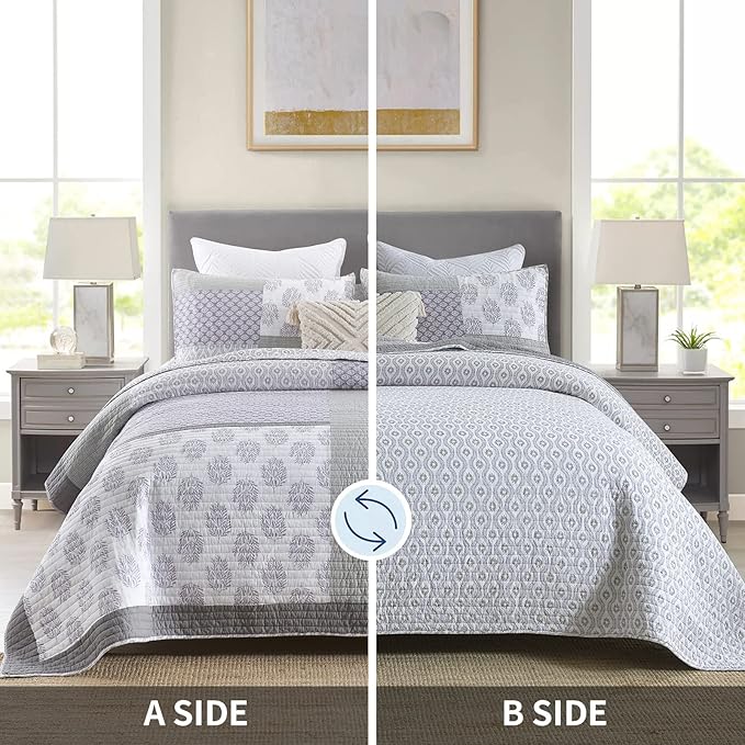 PANGUSHAN Quilt Set King Size, 100% Cotton Bedspread Quilt Bedding Set, Patchwork Reversible Floral Quilt for King Bed, Purple/Grey/White Bed Spread, Lightweight Comforter for All Season, 3 Pieces