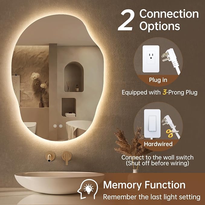 LOVESPEJO Irregular Backlit Mirror Bathroom 25x35 Inch, Asymmetrical LED Bathroom Mirror with Lights, Fogless, Dimmable, 3 Color Changing, Horizontal/Vertical