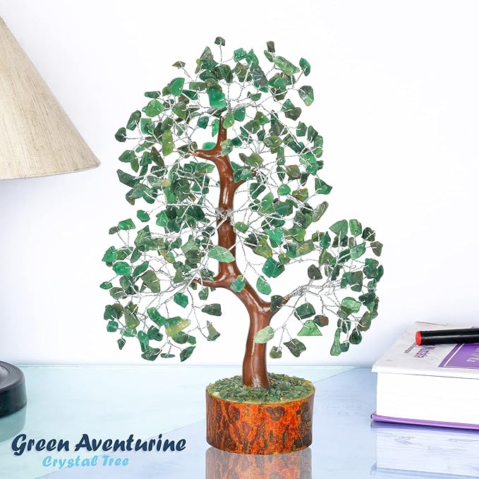 Healing Crystal Money Trees Feng Shui Gift Handmade Reiki Crystals & Stone Home Office Table Décor Good Luck Throat Chakras (Green Aventurine Silver Wire)