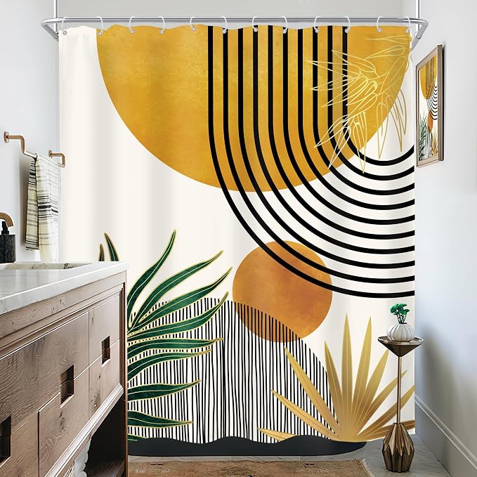KOMLLEX Mid Century Boho Shower Curtain for Bathroom Decor Abstract Modern Sun Minimalist Aesthetic Arch Curve Leaves Geometric Yellow Gold Neutral Fabric Waterproof Polyester 12 Hook 60Wx72L