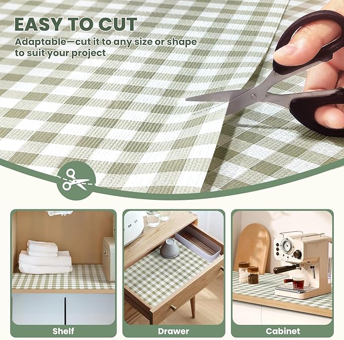 Drawer Liner and Shelf Liner for Kitchen Cabinet Liner Non-Adhesive Non-Slip Shelf Paper, Thick Strong Grip Waterproof Easy to Clean for Shelves, Cupboard, Desks, Green Plaid Pattern, 23.6 in x 40 FT