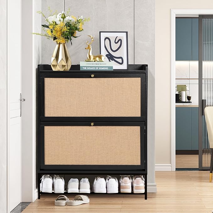 LEVNARY Shoe Cabinet for Entryway, Black Slim Shoe Cabinet with 2 Flip Drawers Narrow Shoe Storage Cabinet, 2 Tier Freestanding Shoe Organizer for Entryway, Hallway, Living Room (2, Black)
