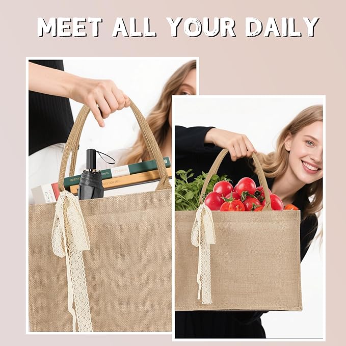 12pcs Burlap Tote Bag Set with Handles, Waterproof Reusable Blank Water Resistant Grocery Bags with Ribbon Large Jute Tote 15.35*6*12 Inch for Women Bridesmaid Gift Beach Shopping Wedding Travel DIY