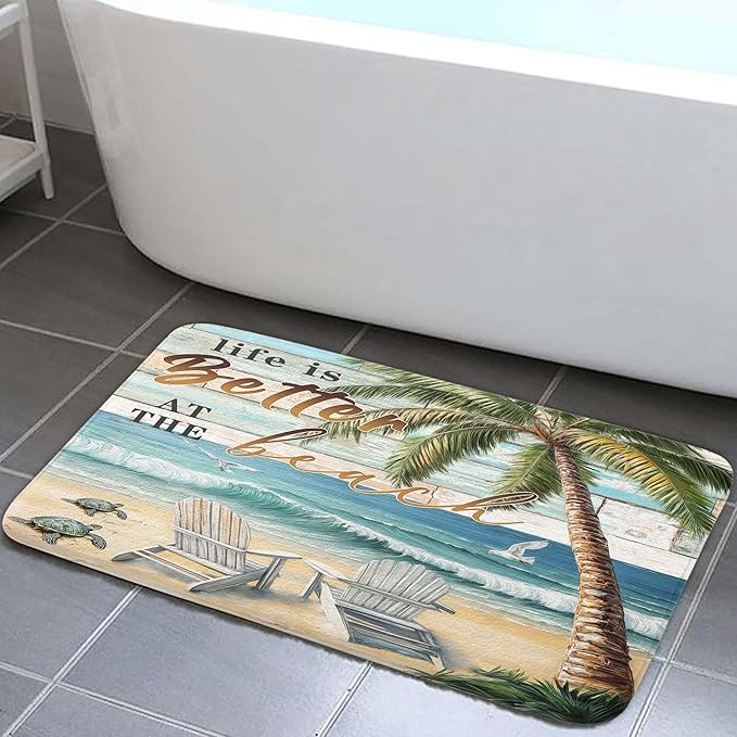Beach Sea Turtle Seagull Palm Tree Ocean Bathroom Rugs Mat, Non Slip Rustic Beach Bath Rugs for Bathroom, Durable Rustic Wooden Flannel Mat Rug, Absorbent Water Mats for Laundry Room Kitchen,19X31