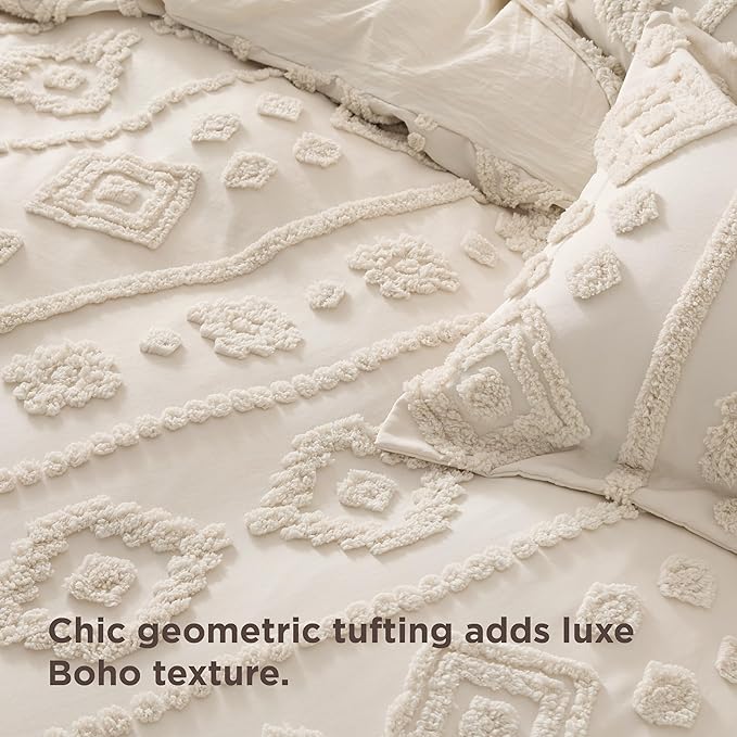 Bedsure Boho Duvet Cover King - Beige Tufted Boho Bedding, Farmhouse Shabby Chic Embroidery Bedding for All Seasons, 3 Pieces, 1 Soft Jacquard King Comforter Cover and 2 Pillow Shams